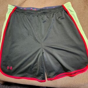 Women's UA athletic shorts.  Olive green, neon pink, light green sz xl